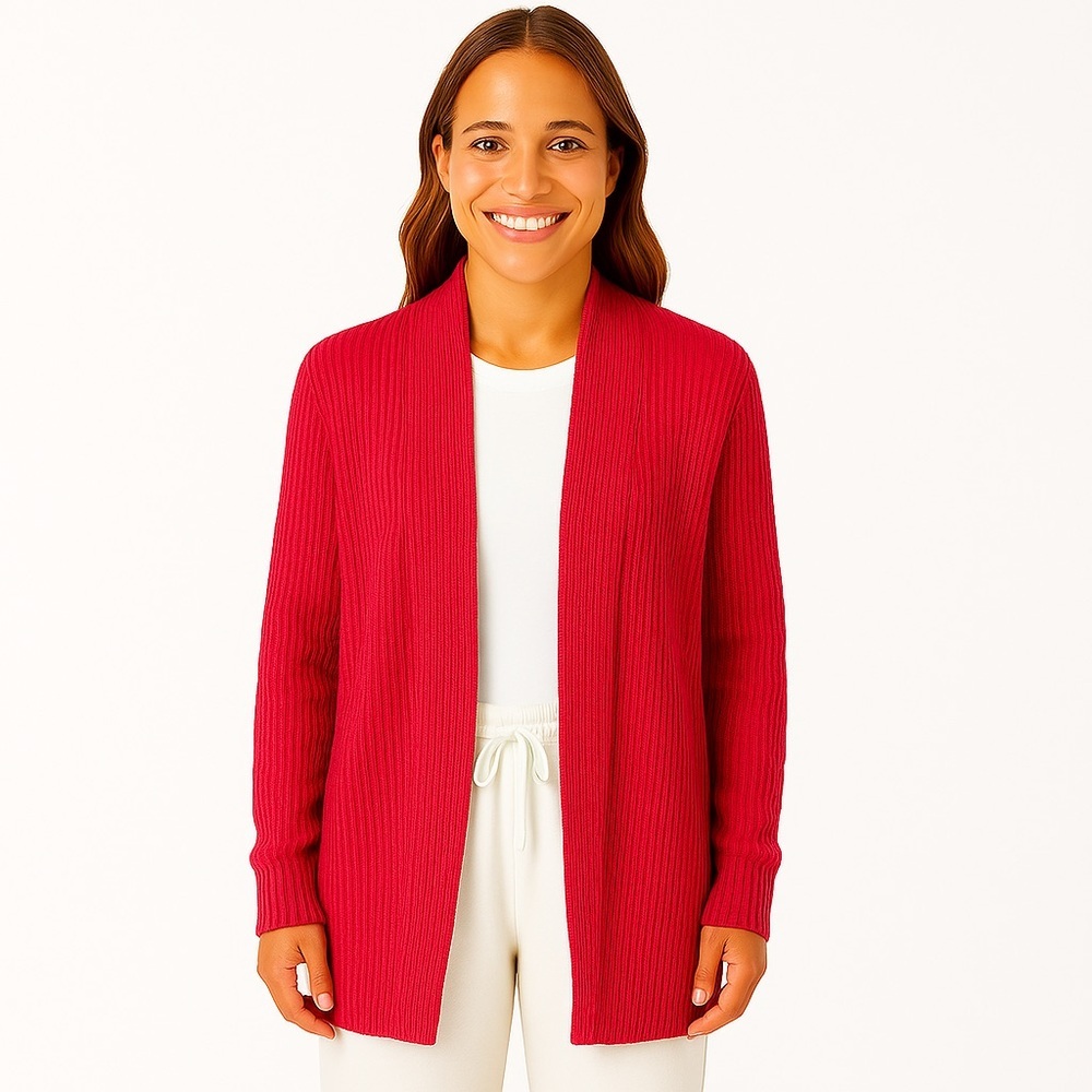 eileen fisher red silk cotton blend cardigan sweater quiet luxury workwear